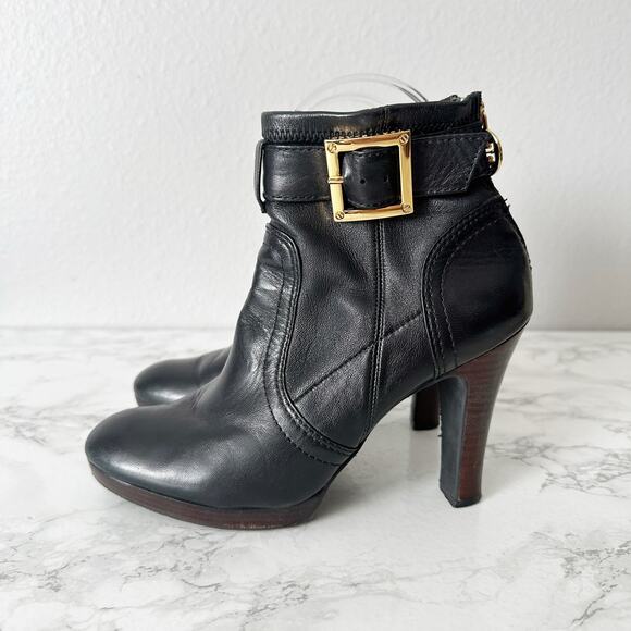 Tory Burch Shoes - Tory Burch Melrose Black Leather Goldtone Buckle Zipper Bootie Women’s Size 6.5